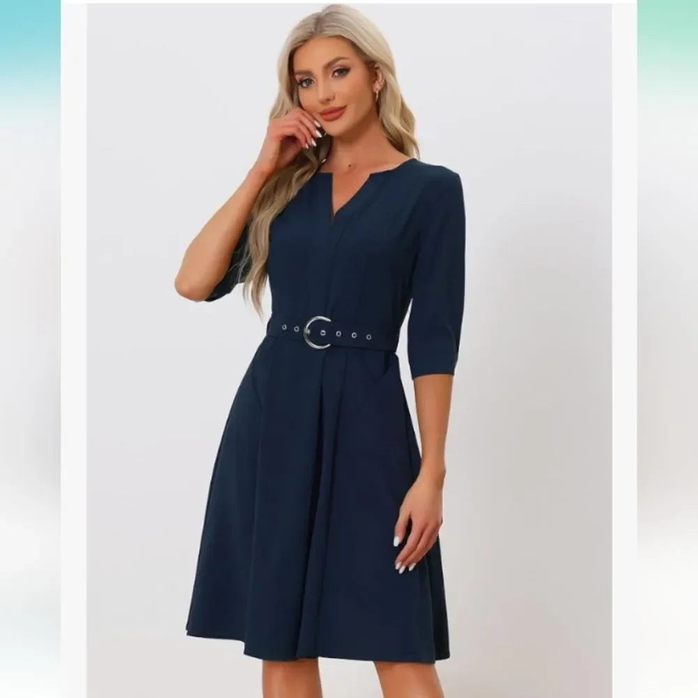 Allegra K Navy Blue Belted V Neck Dress with Pockets Size Medium NWT P2P 20 in - Picture 2 of 6